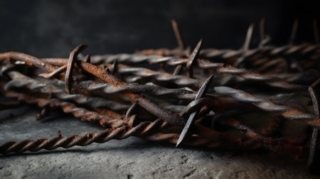 Rusty barbed wire on a concrete background. Close-up.の素材