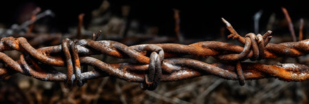 Rusty barbed wire isolated on black background, close-upの素材