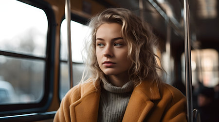 portrait of beautiful young woman in yellow coat looking away in trainの素材