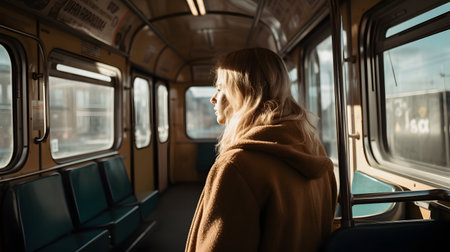 back view of blonde woman in beige coat looking away in trainの素材