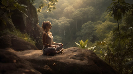 Young woman practicing yoga on a rock in the jungle. Concept of healthy lifestyleの素材