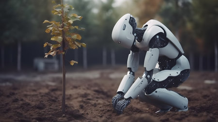 3d rendering robot planting a tree in the garden, artificial intelligence conceptの素材