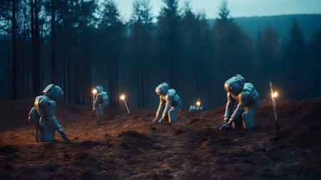 Astronauts in the starry sky. A group of astronauts on the background of the starry sky.の素材