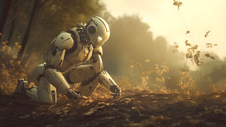 3d rendering of a robot walking in the forest at sunset.の素材