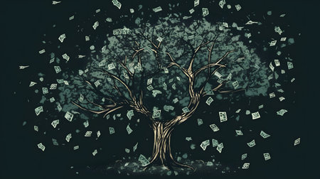 Money tree with falling dollar bills on dark background. Vector illustration.の素材