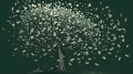 Illustration of a tree with money flying out of it, financial conceptの素材