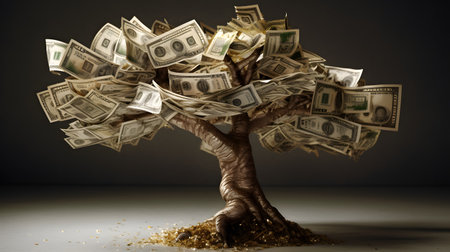Money tree growing from a pile of dollar bills. 3d renderingの素材
