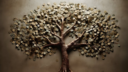 Money tree with coins on grunge background. 3d illustration.の素材