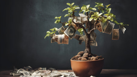 Bonsai tree with dollars and coins in a pot on the tableの素材
