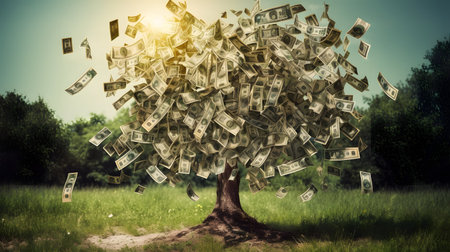 Money tree with dollar bills flying in the air. 3d renderingの素材