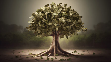 Money tree with dollar banknotes in the forest. 3d renderの素材