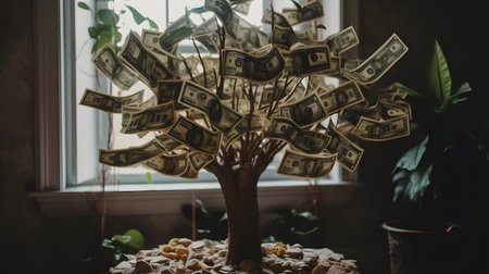 Dollars on the table in the form of a tree.の素材