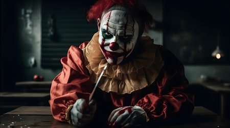 Portrait of a scary clown with a knife in his hand. Halloween. Horror.の素材