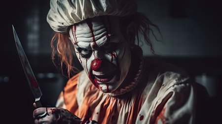 Portrait of a scary clown holding a knife. Horror movie.の素材