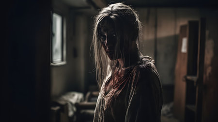 Zombie girl in haunted house. Halloween concept. Horror film.の素材