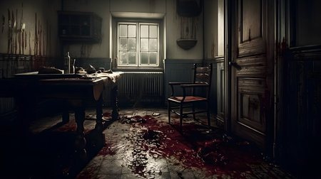 Bloody halloween scene with old chair and table. 3d renderingの素材