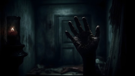 Halloween concept. Zombie hand in dark room. Horror Halloween concept.の素材