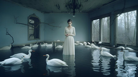 Beautiful woman in a white long dress surrounded by white swansの素材