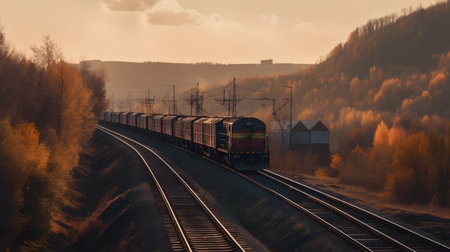 Freight train on the railroad at sunset. Railway station in autumnの素材