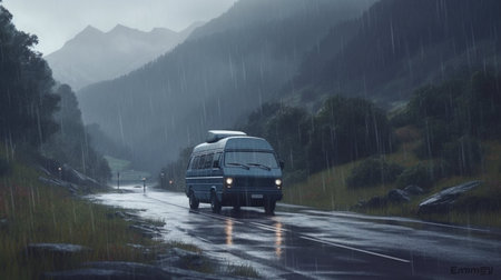 Camper van driving in the rain on a road in the mountainsの素材