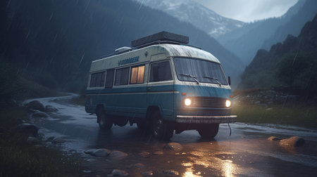 Camper in the rain on a mountain road. 3d renderingの素材
