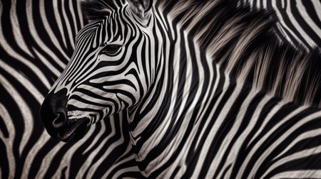 Zebra portrait closeup. Black and white stripes on animal skin.の素材