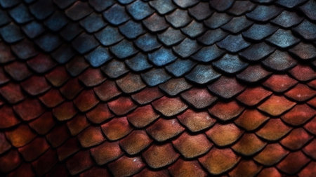 Close up of a red and black snake skin as a background.の素材