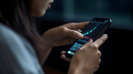 businesswoman using smart phone with stock market graph on screen at nightの素材