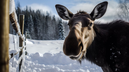 Moose in the paddock in winter, Czech Republic, Europeの素材