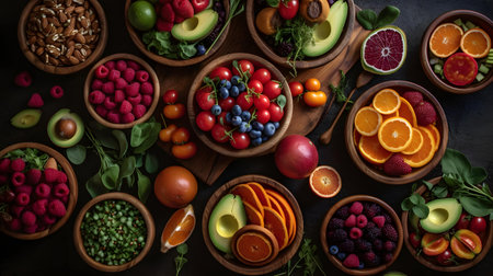 Healthy food selection in wooden bowls. Fresh fruits and vegetables.の素材