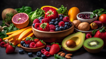 Fresh fruits and berries in wooden bowl on dark background. Healthy food concept.の素材