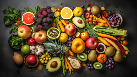 Fruits and vegetables on a black background. Healthy eating concept.の素材