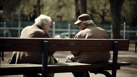 Elderly couple sitting on a bench in the park and looking at each otherの素材