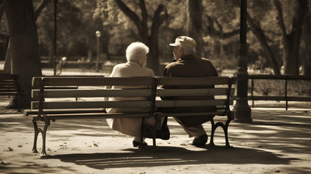 Senior couple sitting on a bench in the park. Black and white photo.の素材
