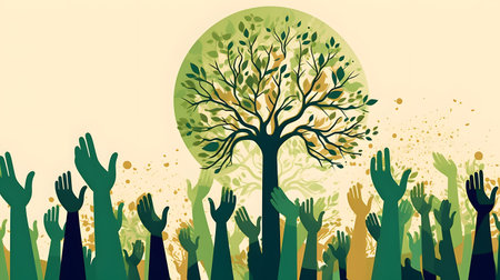 Ecology concept. Vector illustration of people hands around a tree.の素材