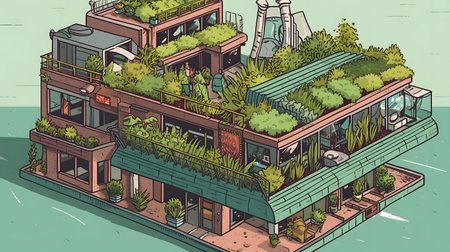 Sketch of a modern house with plants. Vector illustration.の素材