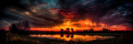 Panoramic view of a beautiful sunset over a lake with dramatic cloudsの素材