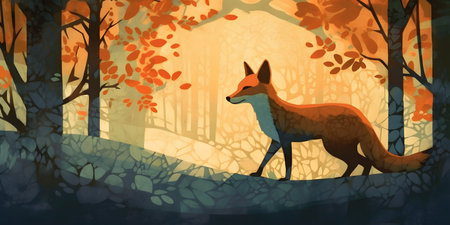Autumn forest background with fox. Vector illustration for your design.の素材