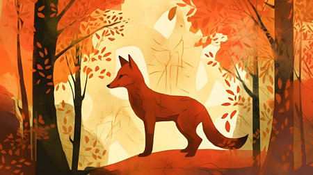 Illustration of a red fox in the forest with autumn leaves.の素材