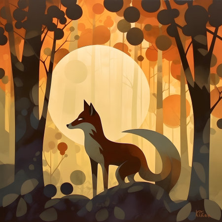 Vector illustration of a fox in the forest at sunset. Autumn backgroundの素材