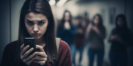 young scared woman looking at mobile phone in school corridor with group of students in backgroundの素材