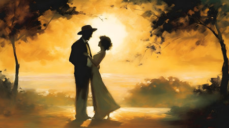Silhouette of bride and groom on sunset background, digital paintingの素材