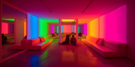 Interior of a modern living room with pink and blue neon lightsの素材
