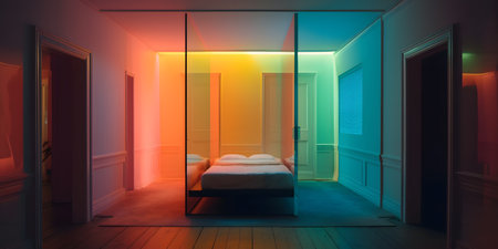 3d rendering of a room with a double bed illuminated by colorful lightsの素材