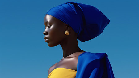African woman with blue turban and yellow dress on blue sky backgroundの素材