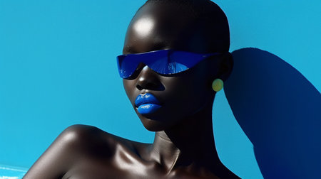 Fashionable black mannequin in blue sunglasses on blue backgroundの素材