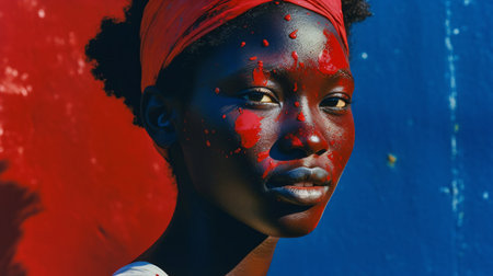 African woman with red paint on her face. Portrait of a beautiful african american model.の素材