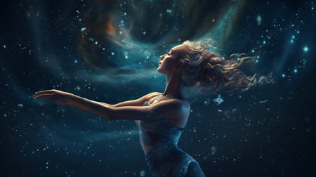 Beautiful blonde woman in a night sky. Fantasy and energy.の素材