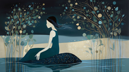 Illustration of a mermaid on the lake in the forest.の素材