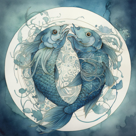 Watercolor illustration of two blue fishes with ornament in circle on blue backgroundの素材